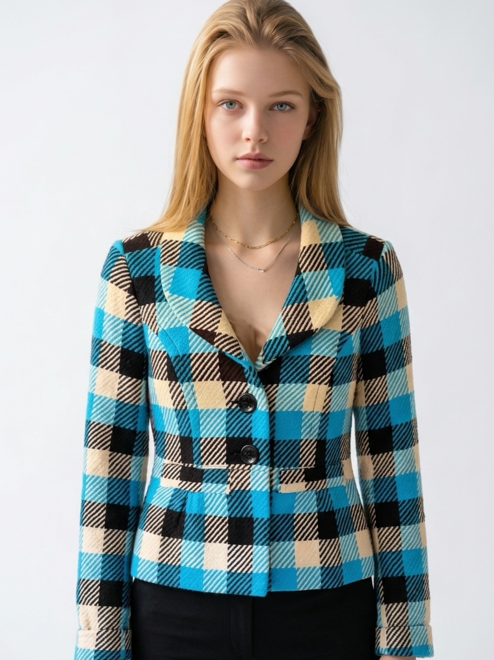 H&M Blue Black Cream Plaid Tailored Blazer